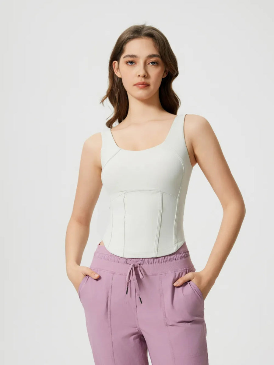 Round Neck Wide Strap Active Tank with Detachable Chest Pads - CELIVINE