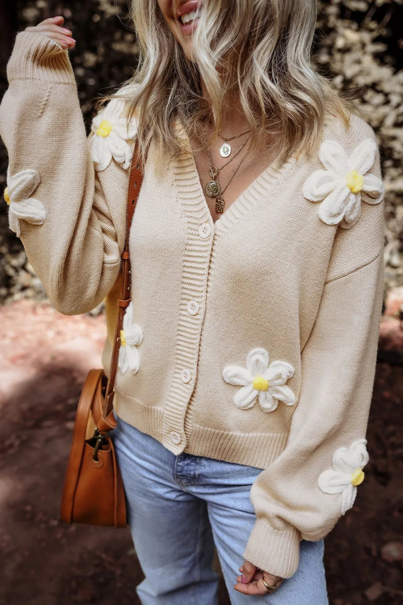 Flower Dropped Shoulder Long Sleeve Cardigan - CELIVINE