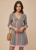 Lace Trim Printed V - Neck 3/4 Sleeve Dress - CELIVINE