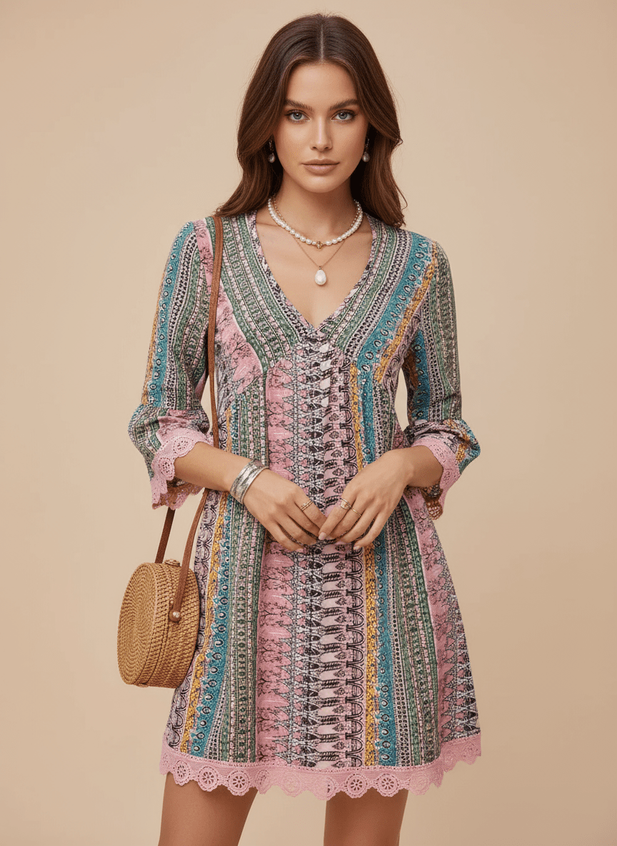 Lace Trim Printed V - Neck 3/4 Sleeve Dress - CELIVINE