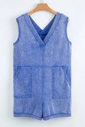 Mineral Wash Pocketed Sleeveless V Neck Loose Romper - CELIVINE