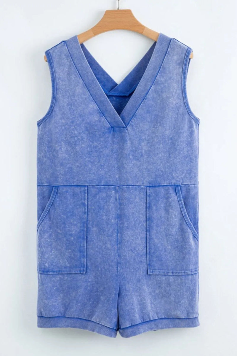 Mineral Wash Pocketed Sleeveless V Neck Loose Romper - CELIVINE