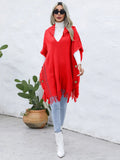 Fringe Trim Buttoned Hooded Poncho - CELIVINE