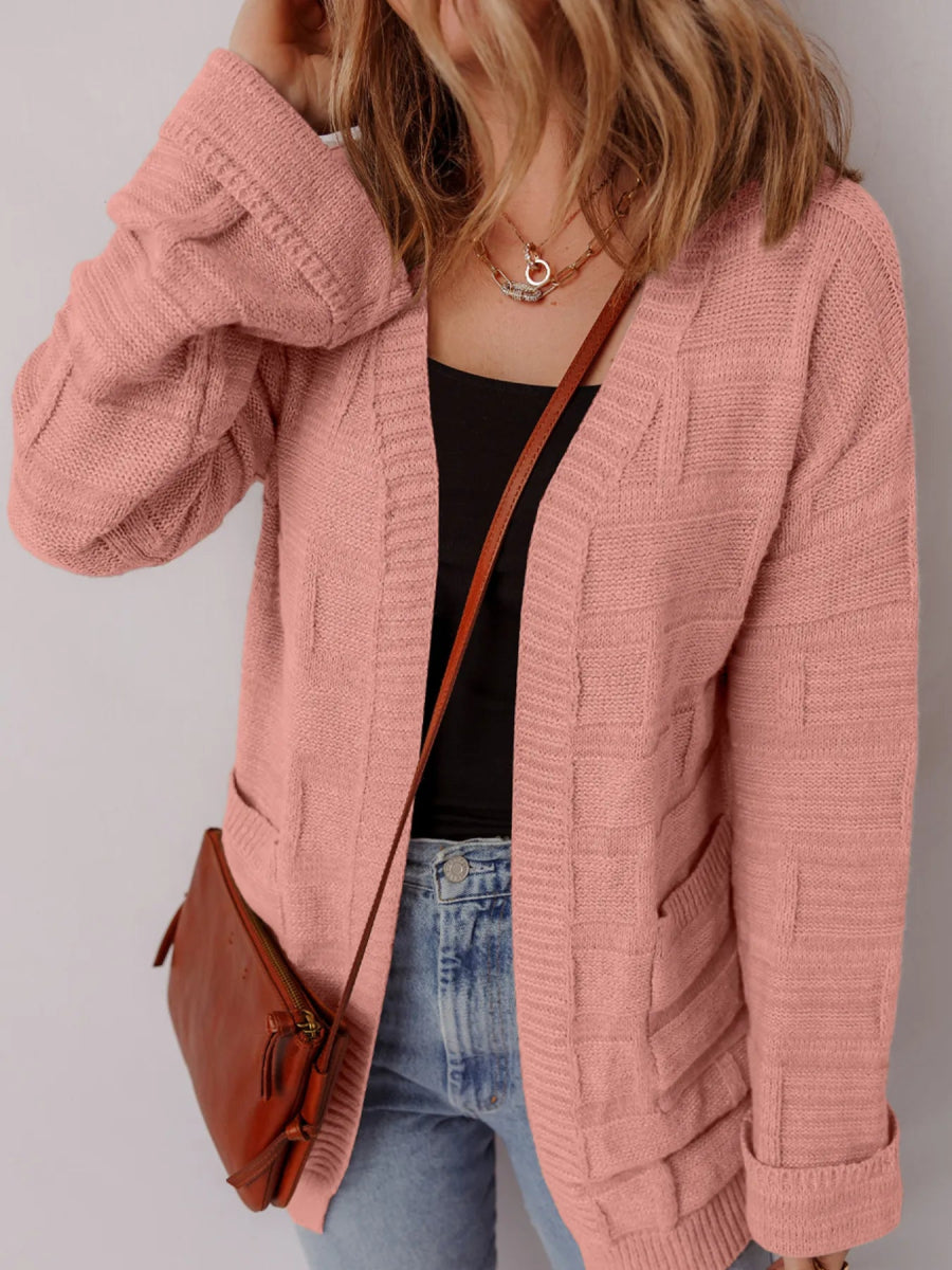 Textured Knit Open Front Cardigan with Pockets - CELIVINE