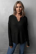 Waffle - Knit Exposed Seam Notched Long Sleeve Top - CELIVINE