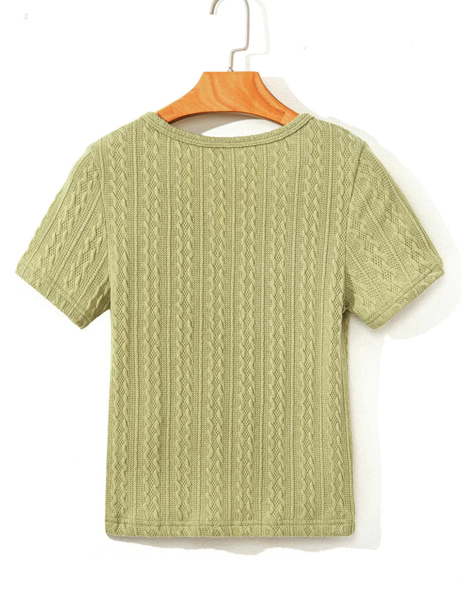 Textured Knit Slim Fit Notch V Neck Top - CELIVINE