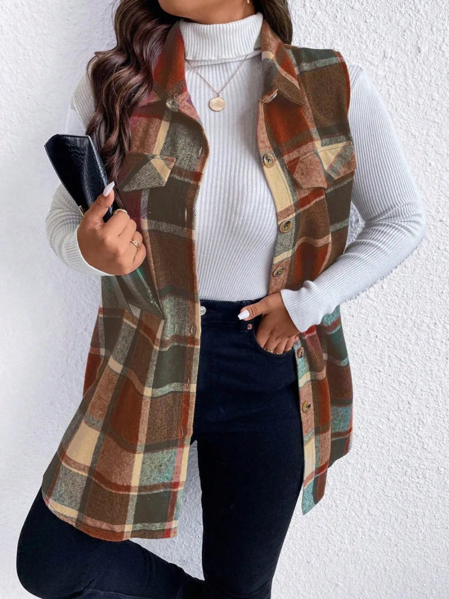 Honey Plus Size Pocketed Plaid Button Up Vest Coat - CELIVINE