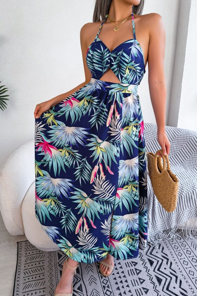 Botanical Print Tied Backless Cutout Slit Dress - CELIVINE