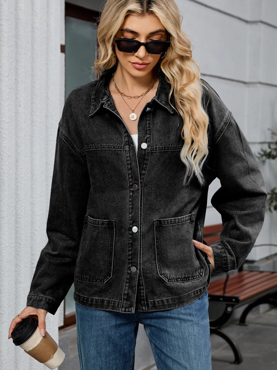 Washed Oversized Button Down Denim Jacket - CELIVINE