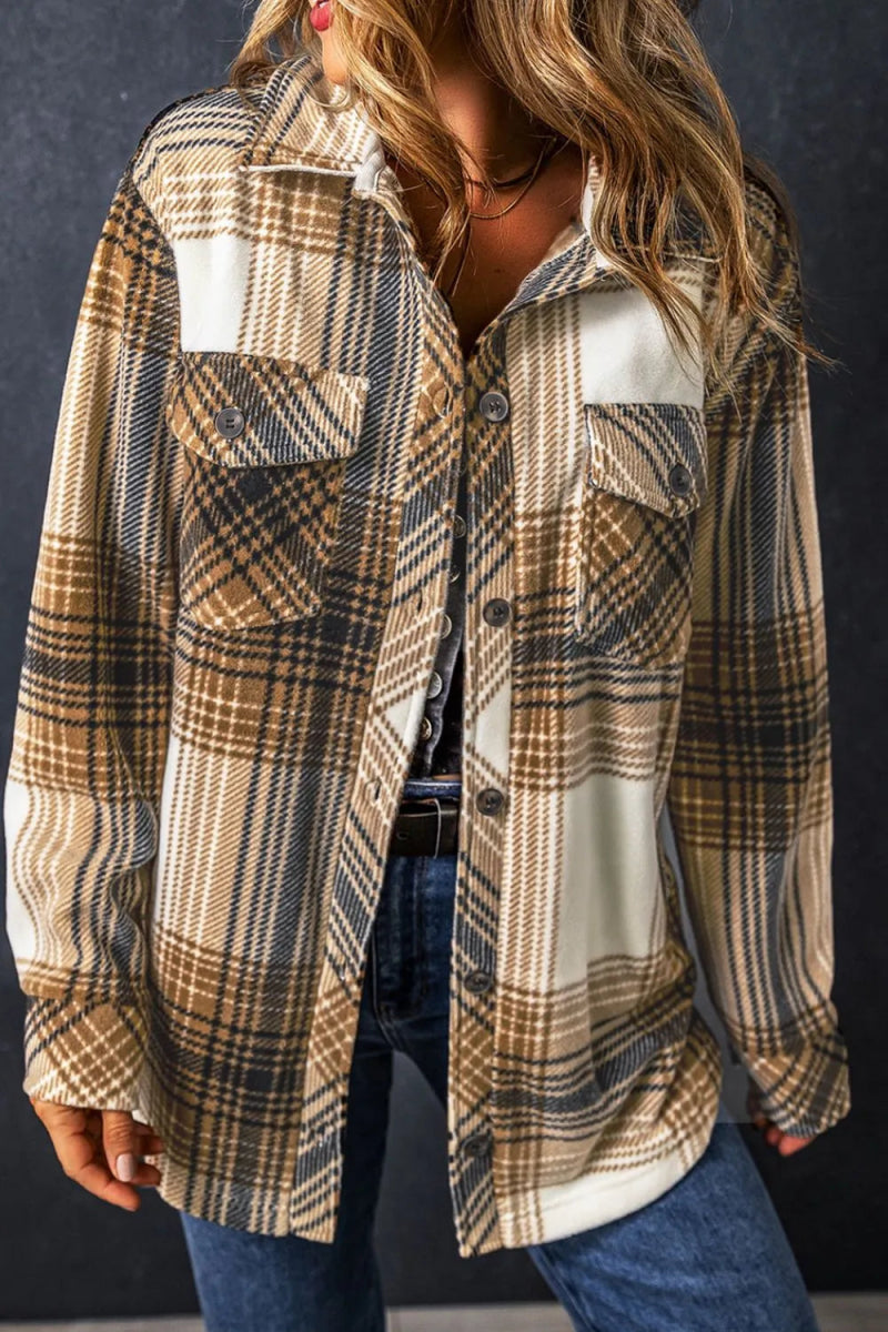 Plaid Button Up Long Sleeve Shacket - CELIVINE