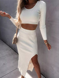 Ribbed Long Sleeve Top and Skirt Knit Set - CELIVINE