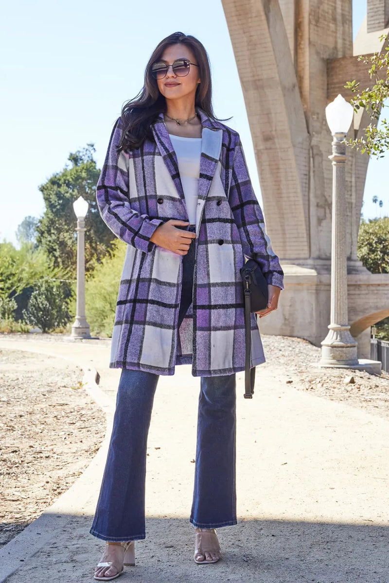 Double Take Full Size Plaid Button Up Lapel Collar Coat - CELIVINE