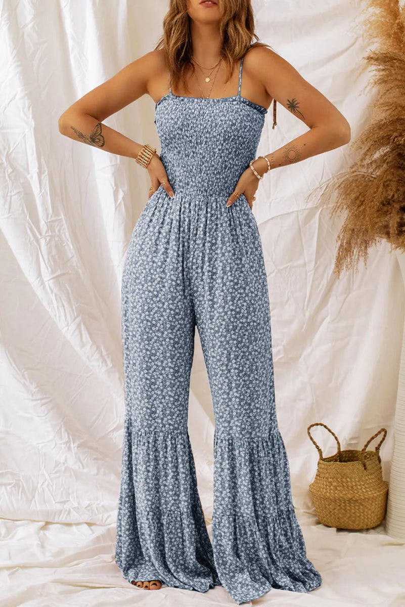 Smocked Printed Wide Strap Jumpsuit - CELIVINE