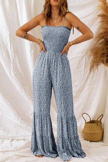 Smocked Printed Wide Strap Jumpsuit - CELIVINE