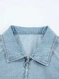 Elastic Edge Collared Zip Up Denim Jacket With Pocket - CELIVINE
