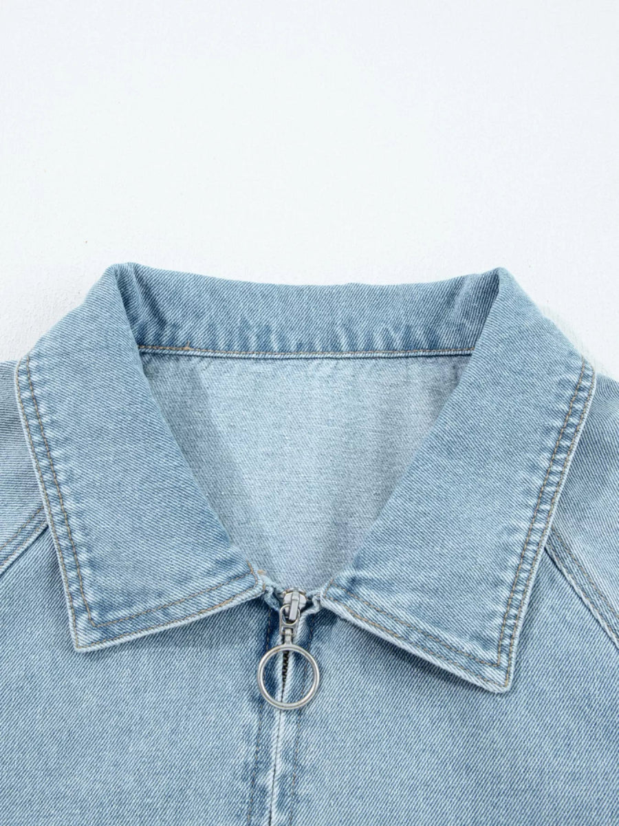 Elastic Edge Collared Zip Up Denim Jacket With Pocket - CELIVINE