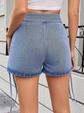 Ruched Side Drawstring Denim Shorts - CELIVINE