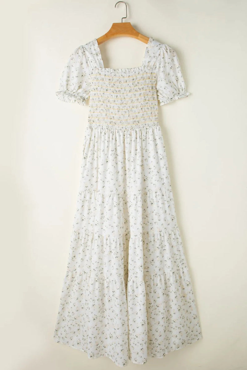 Floral Smocked Short Puff Sleeve Maxi Dress - CELIVINE