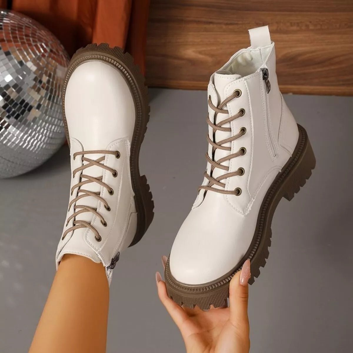 Lace Up Round Toe Boots - CELIVINE