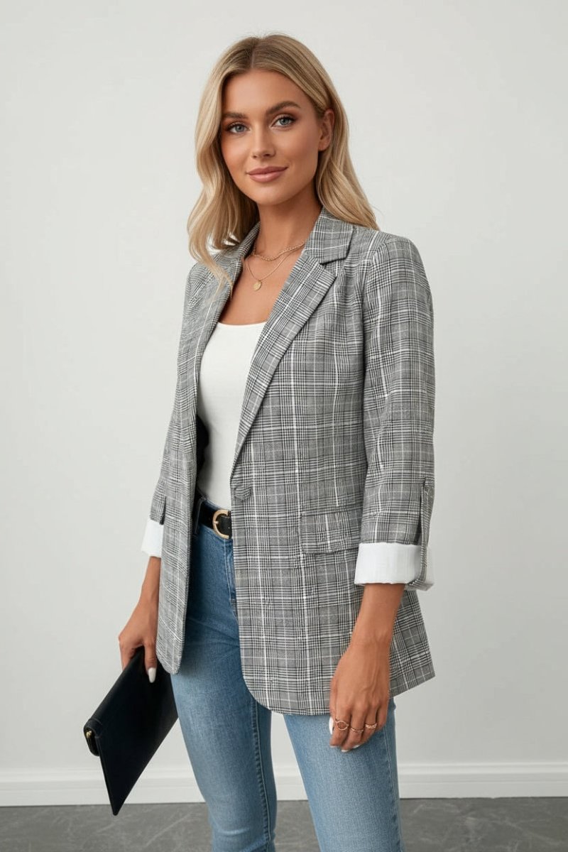 Single - Breasted Lapel Collar Plaid Blazer - CELIVINE
