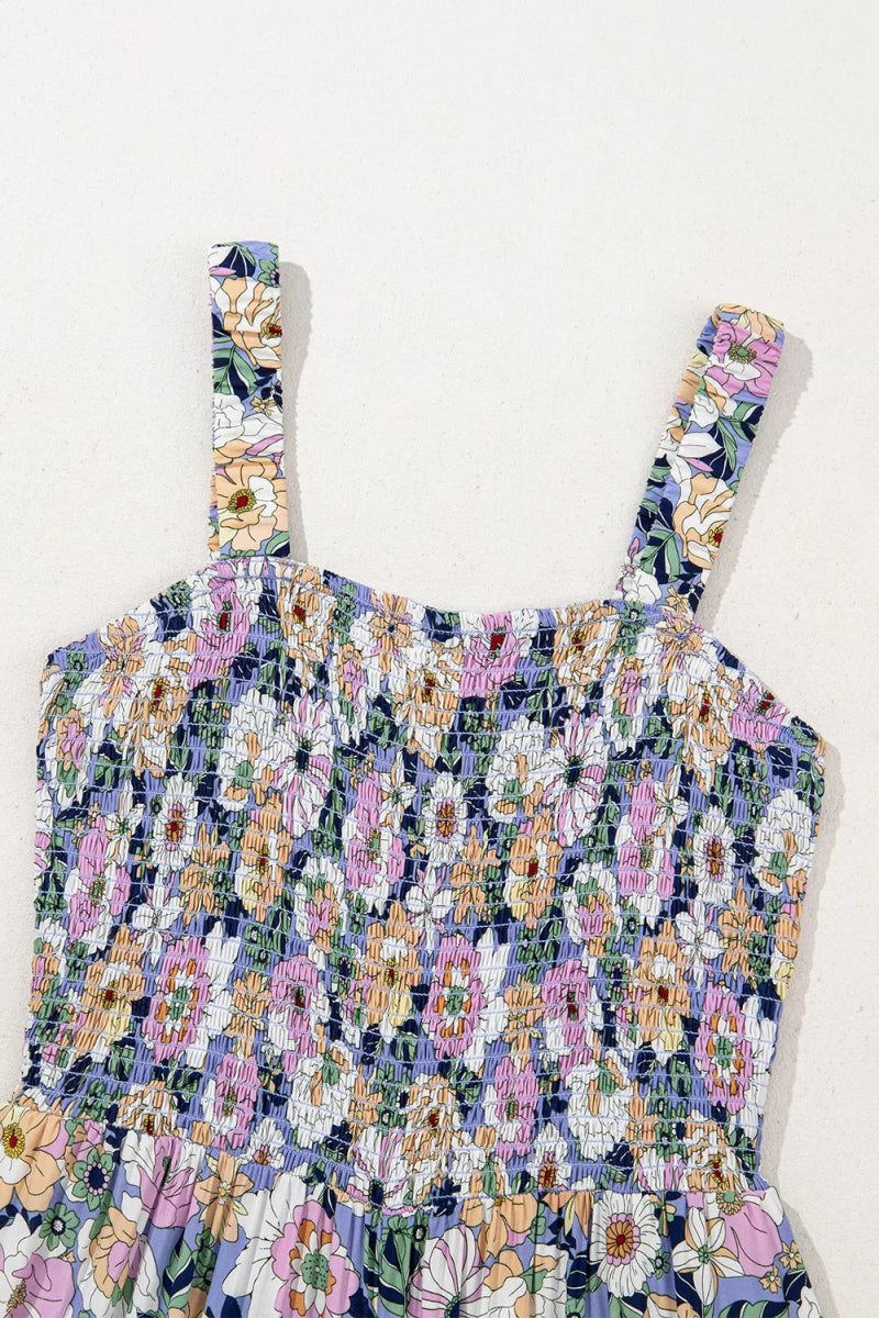 Floral Print Smocked High Waist Square Neck Jumpsuit - CELIVINE