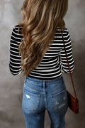 Striped V - Neck Long Sleeve Top - CELIVINE