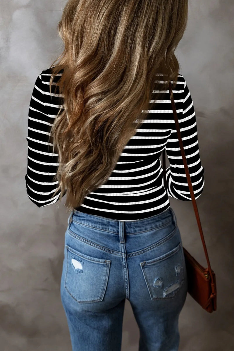 Striped V - Neck Long Sleeve Top - CELIVINE
