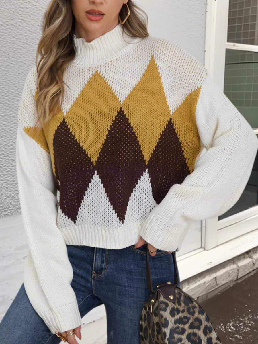 Diamond Pattern Turtleneck Sweater - CELIVINE