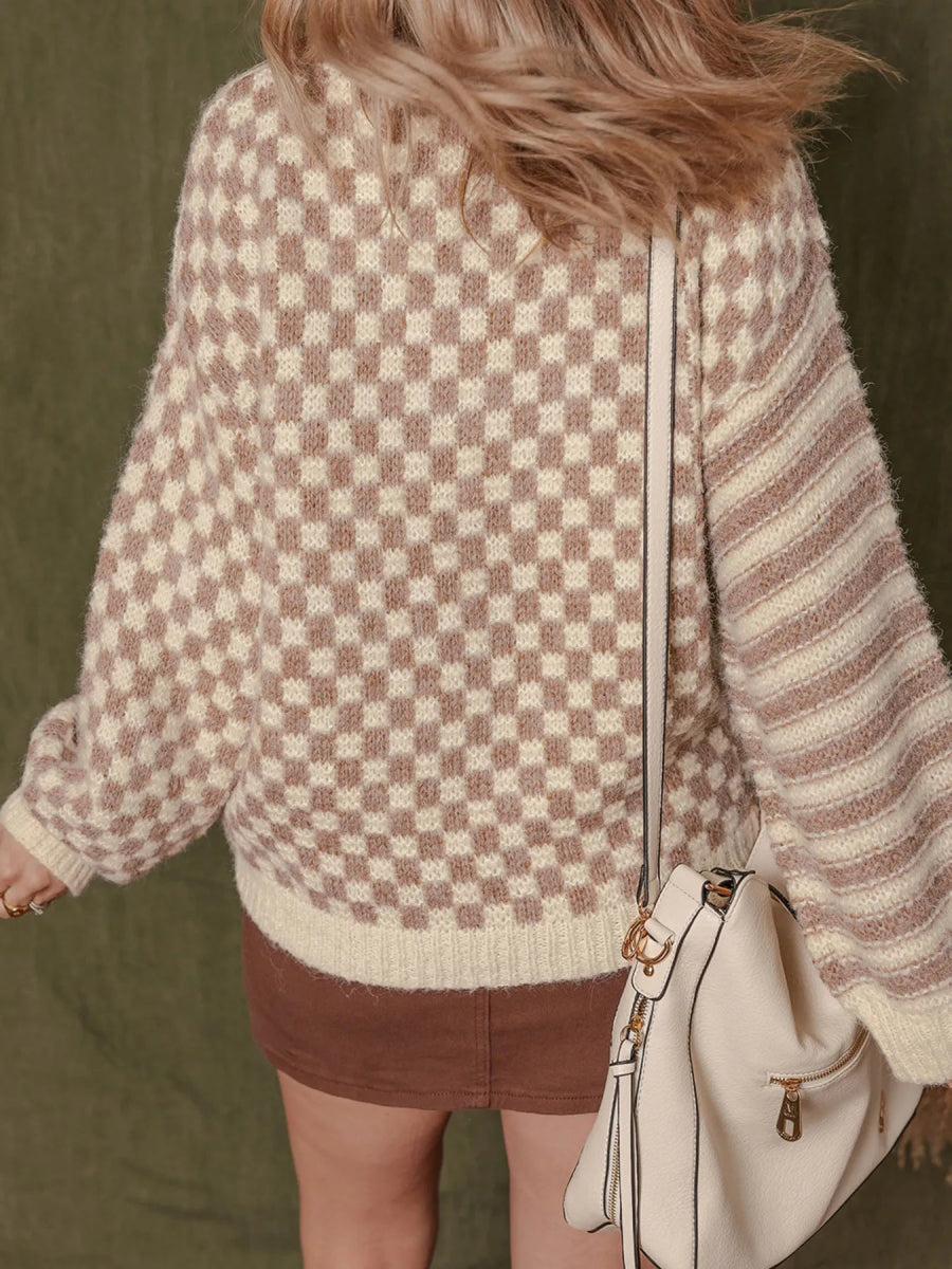 Stripe Checkerboard Drop Shoulder Balloon Sleeve Sweater - CELIVINE