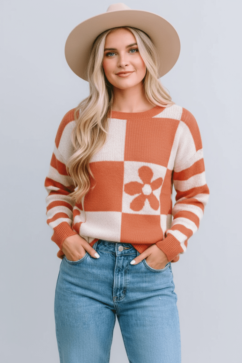 Contrast Round Neck Long Sleeve Sweater - CELIVINE