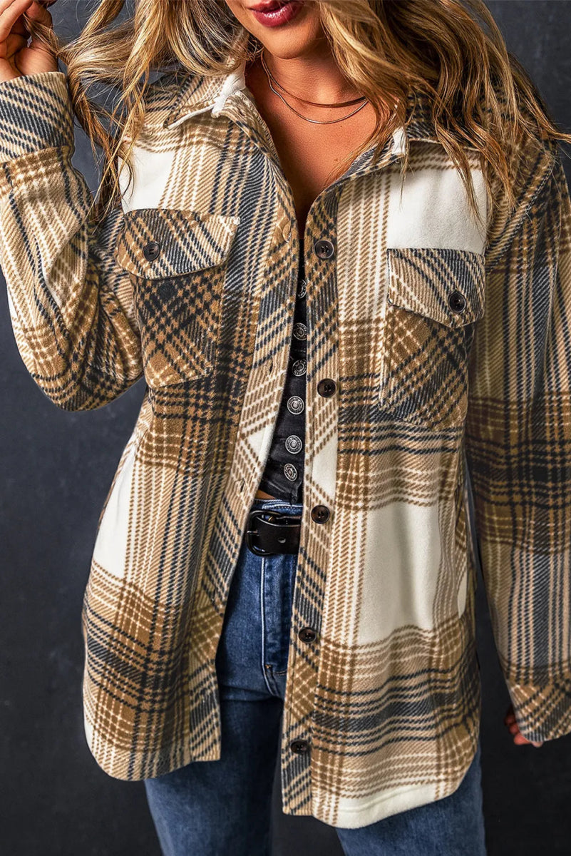 Plaid Button Up Long Sleeve Shacket - CELIVINE