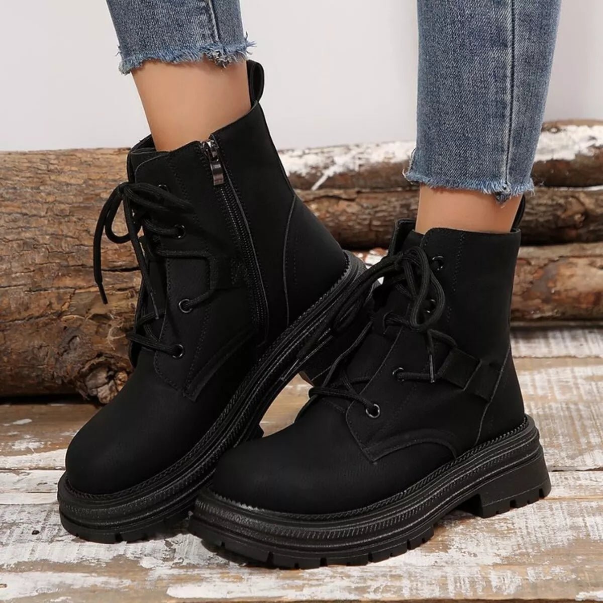 Round Toe Lace Up Platform Boots - CELIVINE