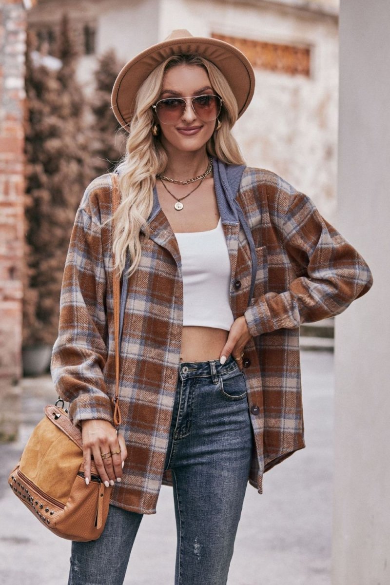 Mandy Plaid Dropped Shoulder Hooded Longline Jacket - CELIVINE