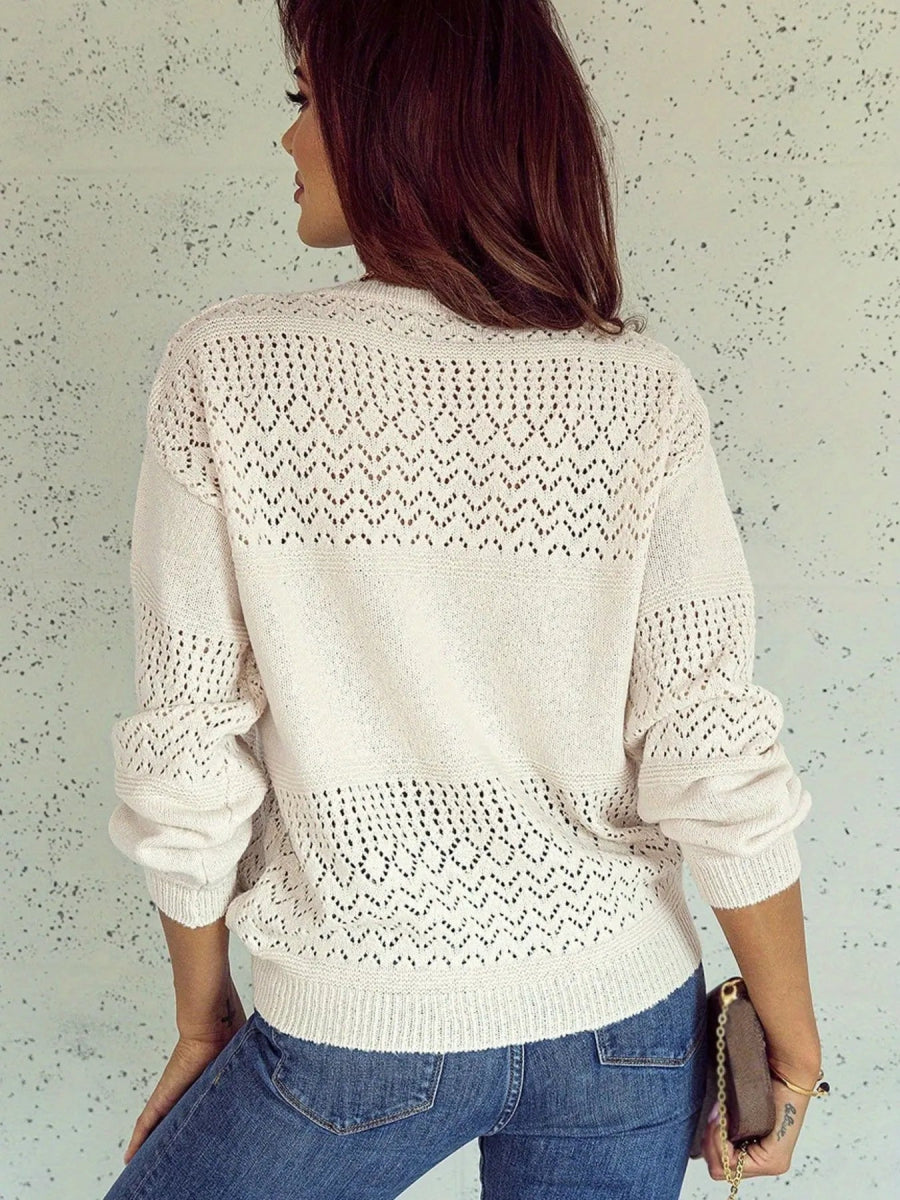 Eyelet Detail V - Neck Long Sleeve Sweater - CELIVINE