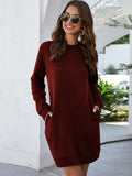 Round Neck Long Sleeve Mini Dress with Pockets - CELIVINE