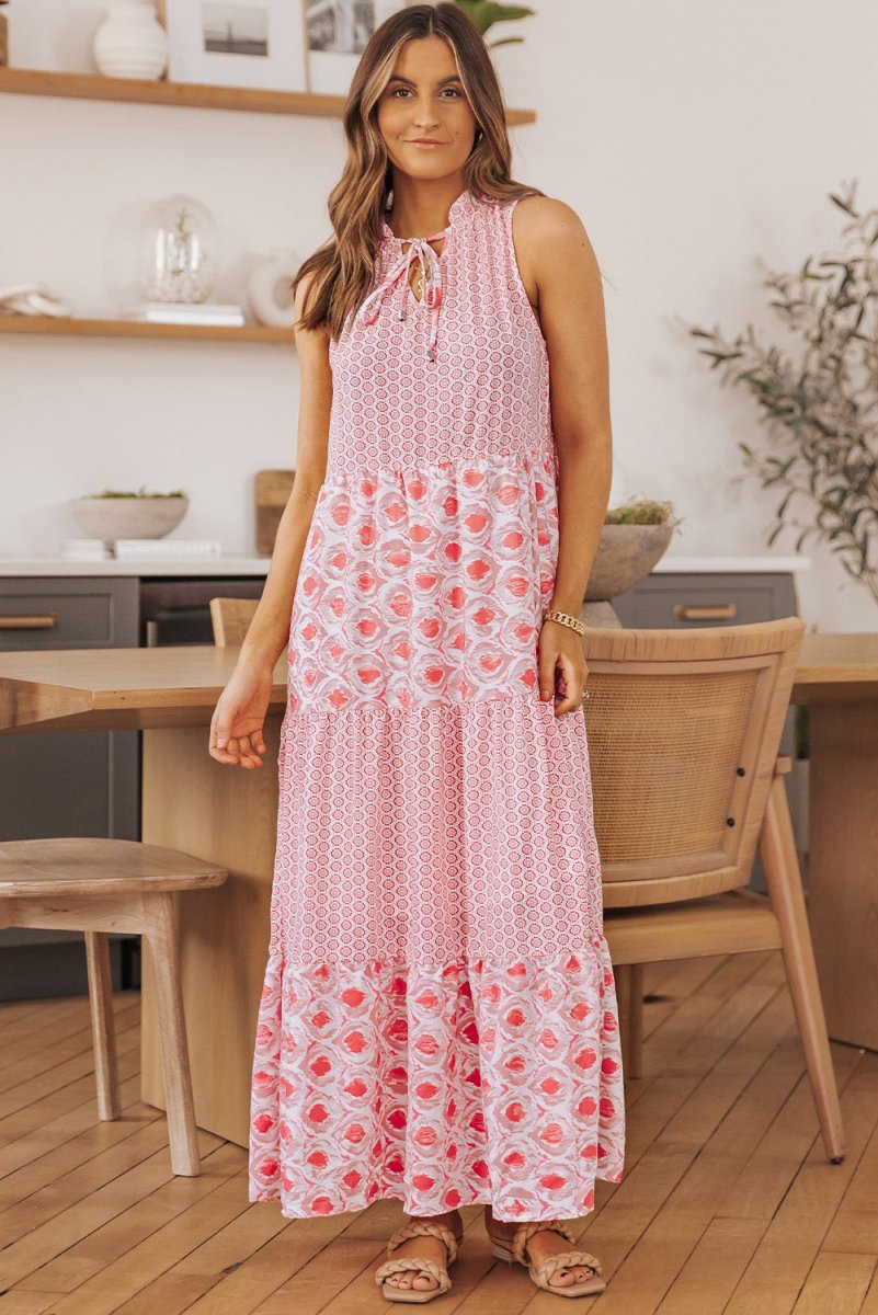 Mixed Print Tie - Neck Sleeveless Maxi Dress - CELIVINE