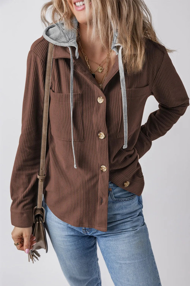 Drawstring Button Up Long Sleeve Hooded Jacket - CELIVINE
