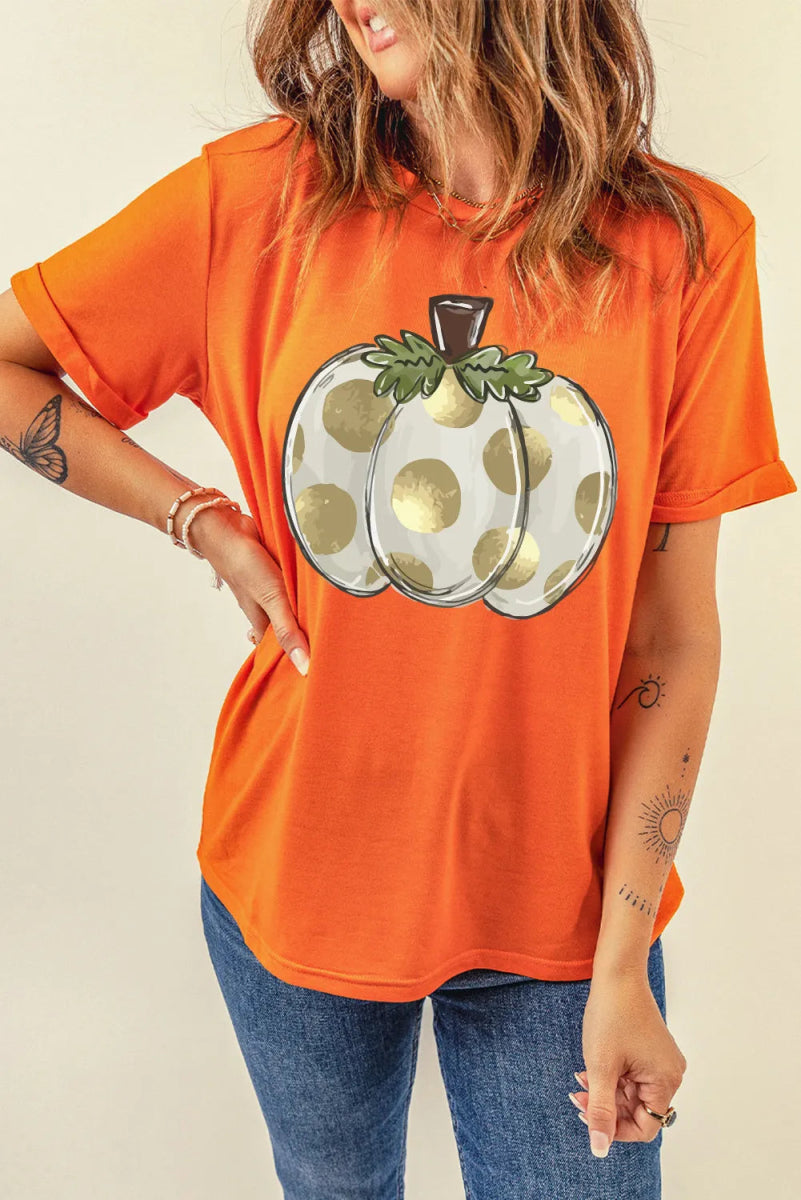 Pumpkin Graphic Round Neck Short Sleeve T-Shirt - CELIVINE