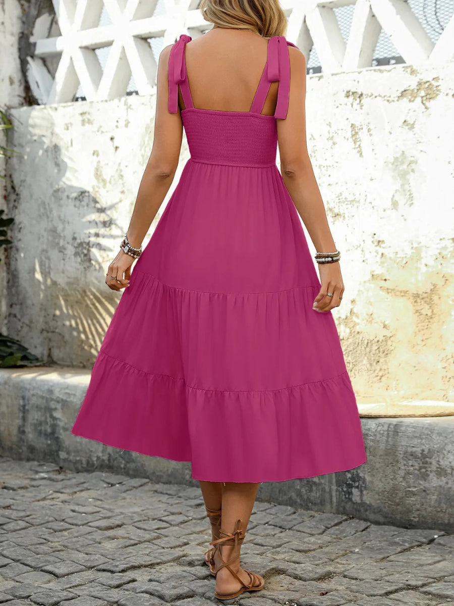 Tie Shoulder Tiered Midi Dress - CELIVINE