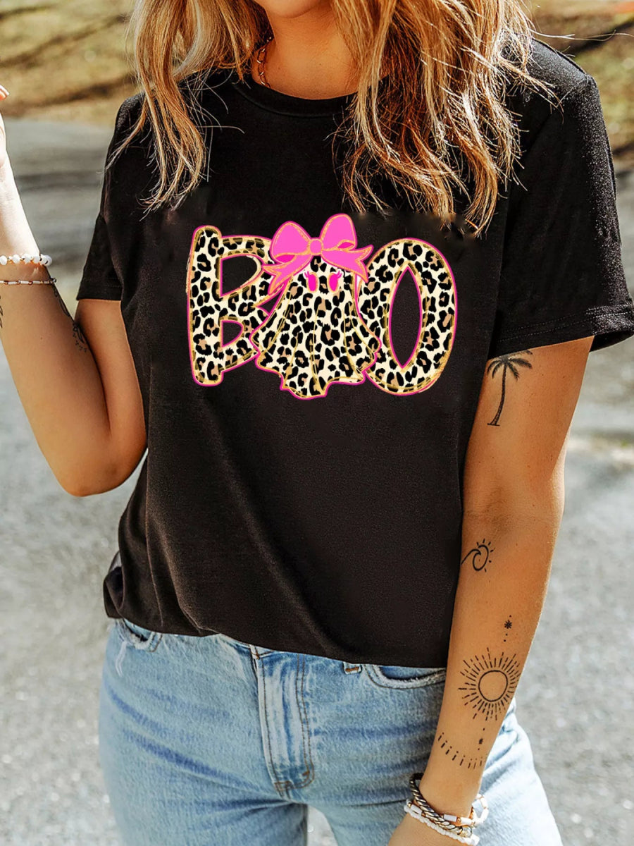 Halloween Ghost Boo Graphic Round Neck T Shirt - CELIVINE