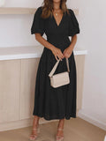 V - Neck Puff Sleeve Midi Dress - CELIVINE