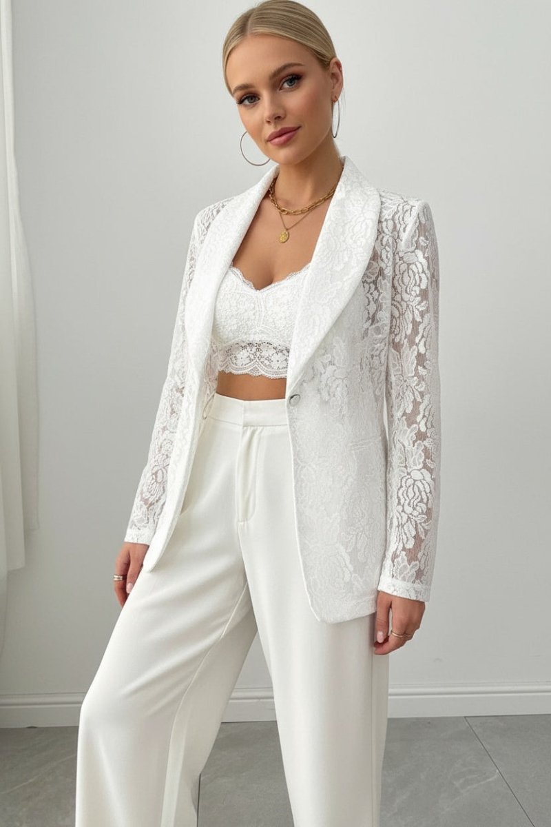 Lace Lapel Collar Long Sleeve Blazer - CELIVINE