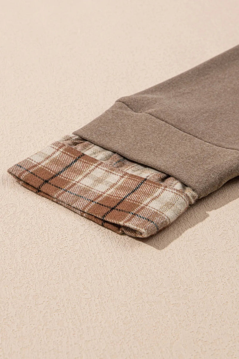 Drawstring Plaid Turtleneck Long Sleeve Top - CELIVINE