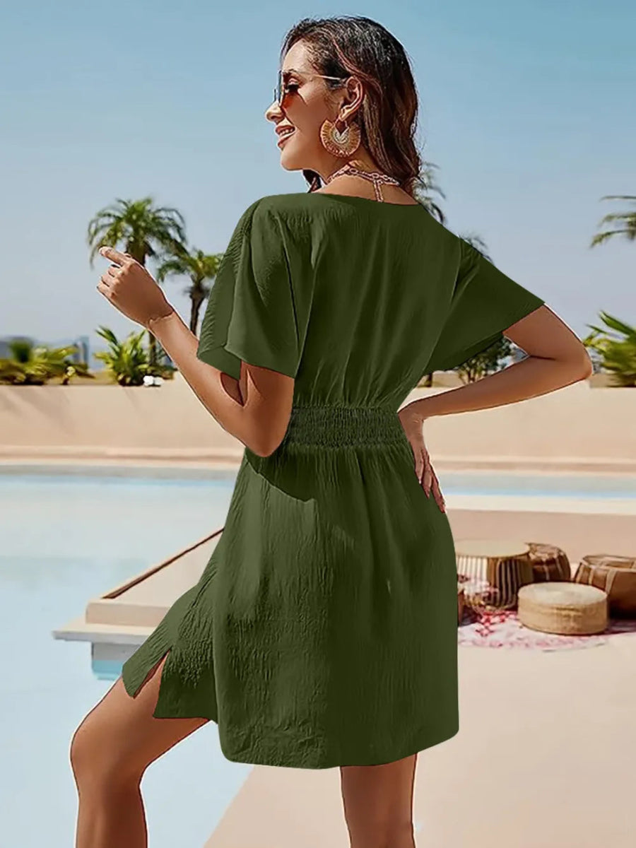Smocked V - Neck Short Sleeve Dress - CELIVINE