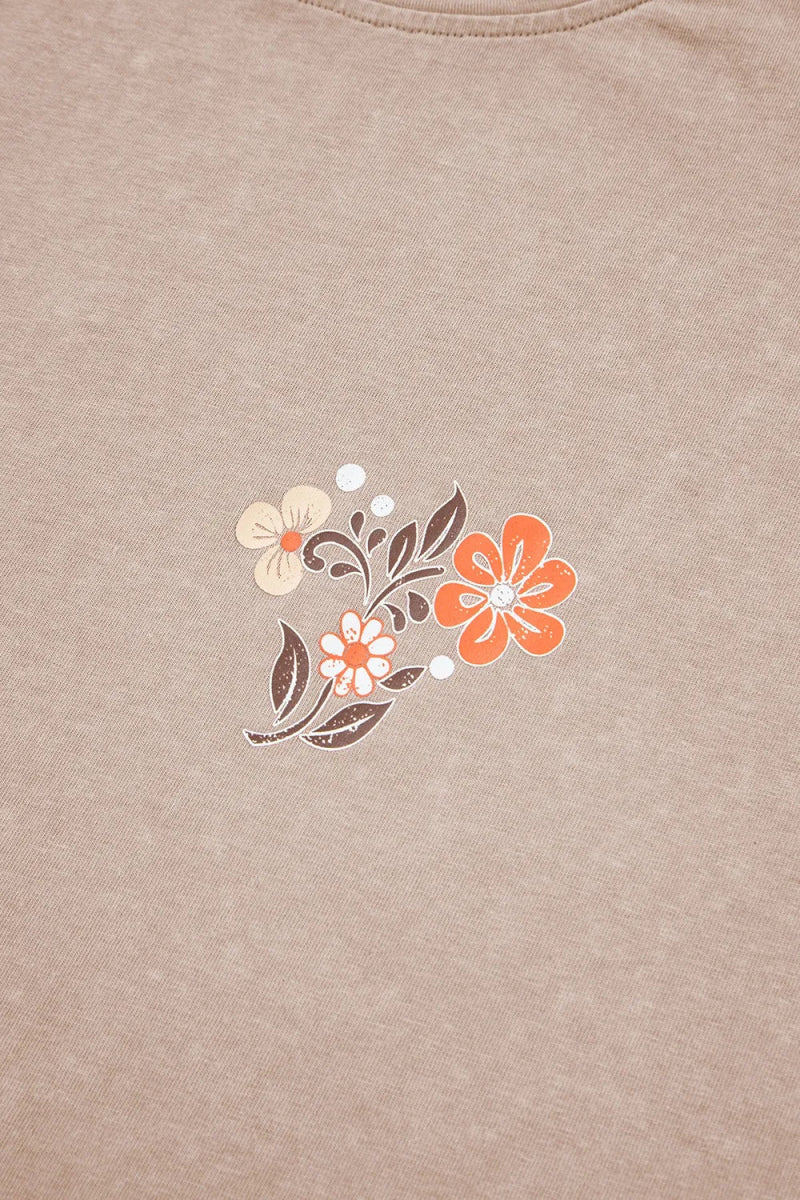 Mineral Wash Floral Steer Head Printed Back Western Fashion Tee - CELIVINE