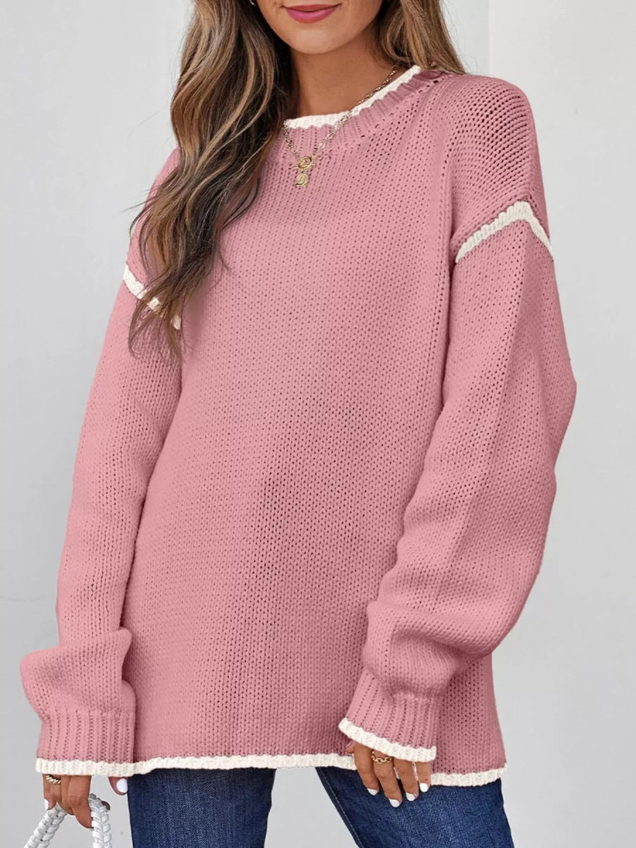 Contrast Trim Long Sleeve Sweater - CELIVINE
