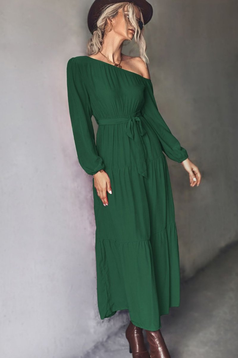Belted One - Shoulder Tiered Maxi Dress - CELIVINE