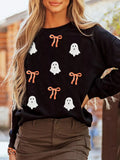 Halloween Ghost Bow Sequin Patched Drop Shoulder Sweatshirt - CELIVINE