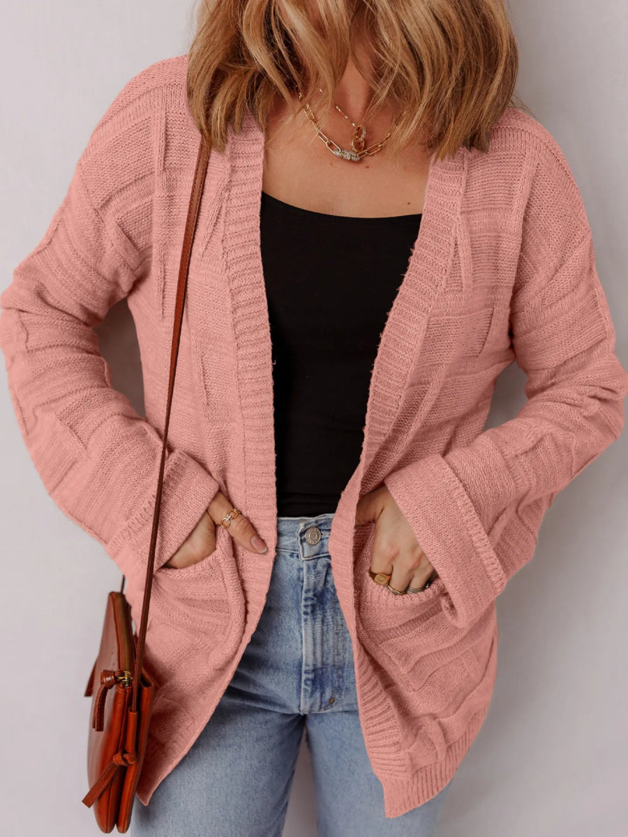 Textured Knit Open Front Cardigan with Pockets - CELIVINE