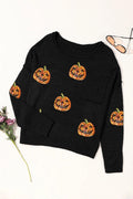 Pumpkin Round Neck Long Sleeve Knit Top - CELIVINE